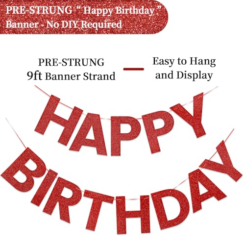 image for LITAUS Red Glitter Happy Birthday Banner - 9ft Pre-Strung No DIY Backd