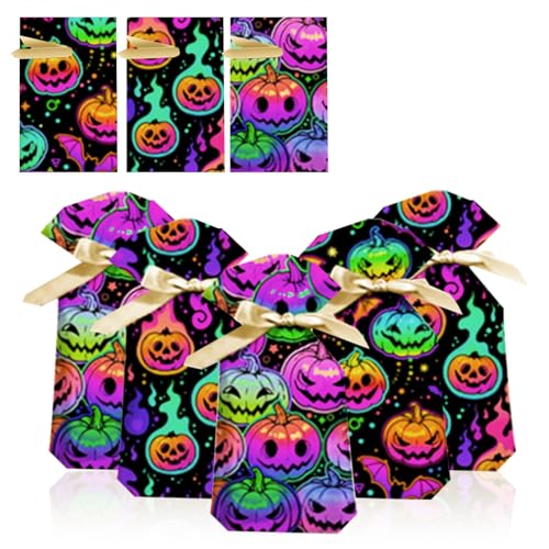 koundeneko ハロウィン キャンディーバッグ 50枚セット カラフル かぼちゃ 3種類柄 リボン結び 巾着バッグ キャンディー お菓子 ビスケット プチギフト 小物入れ ハロウィン パーティー 業務用