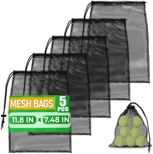 Small Mesh Bags Drawstring Black 5Pcs 11,8x7,48'' – Strong, Lightweight, Breathable Mesh Bag with Lock, Quick-Dry and Tear-Resistant – Easy to Tighten and Adjust for Travel, Swimming & Ball Storage
