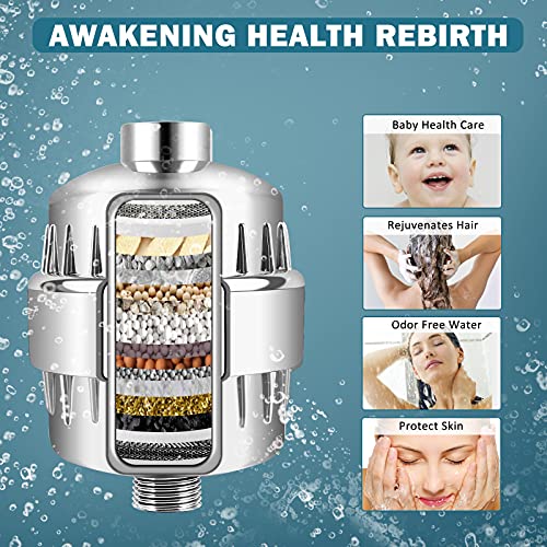 Image of FEELSO 15 Stage Filtered Shower Head, High Pressure Hard Water Softener Showerhead with Filter Cartridge for Hard Water Remove Chlorine and Harmful Substances (15-stage filter element)