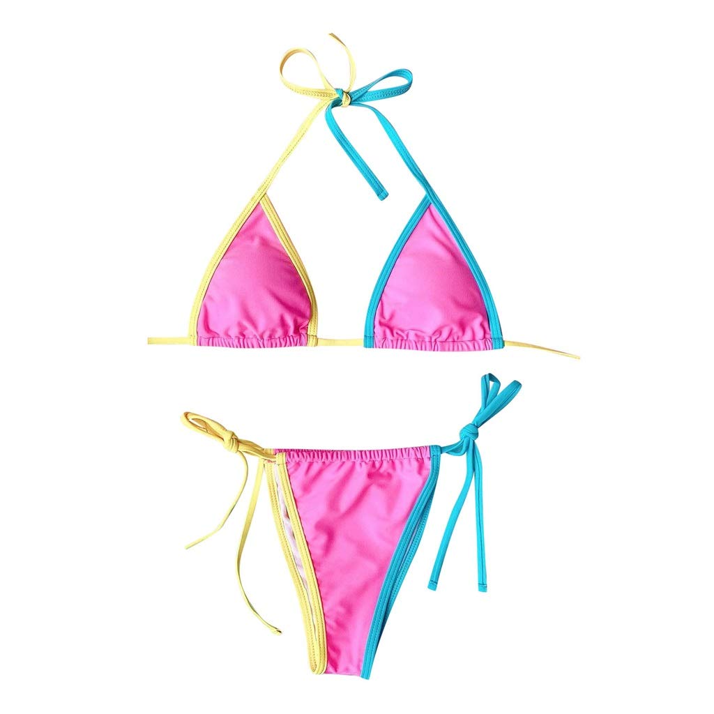 Patchworkowe stringi mikro bikini damskie seksowne bandażowe bikini Set Push Up wyściełane stroje kąpielowe strój kąpielowy z wysokim stanem (kolor: czarny, rozmiar: mały) (różowy S)
