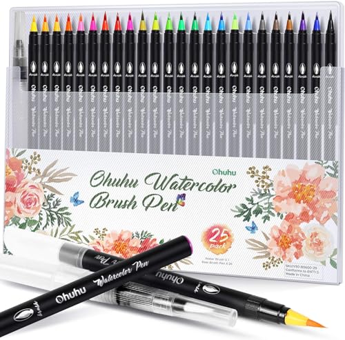 Professional Watercolor Brush Markers Pen 24 Colors of Ohuhu, Water Based Drawing Marker Brushes W/A Blending Aqua Pen, Water Soluble for Adult Coloring Books Comic Calligraphy