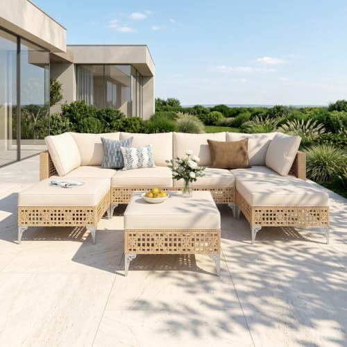 PHI VILLA Wicker Patio Furniture Set with Sliver Finish Foot, 7 Seats