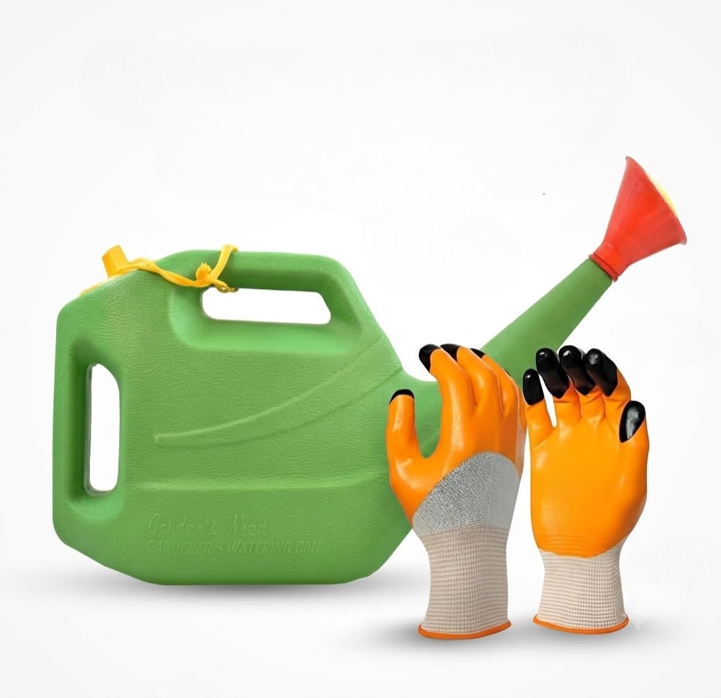 Garden Care Combo Set: 5L Plastic Watering Can with Long Spout & Detachable Rose Spray Head + 1 Pair of Clawed Gardening Gloves for Digging & Planting-image-16