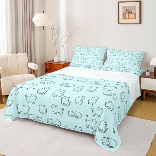 Image of Cute Cats Kitten Pet Fitted Sheet Set with 2 Pillowcase,Cartoon Cat Bed Sheet Teens,Animals Top Flat Sheet Luxury Microfiber,Queen Size