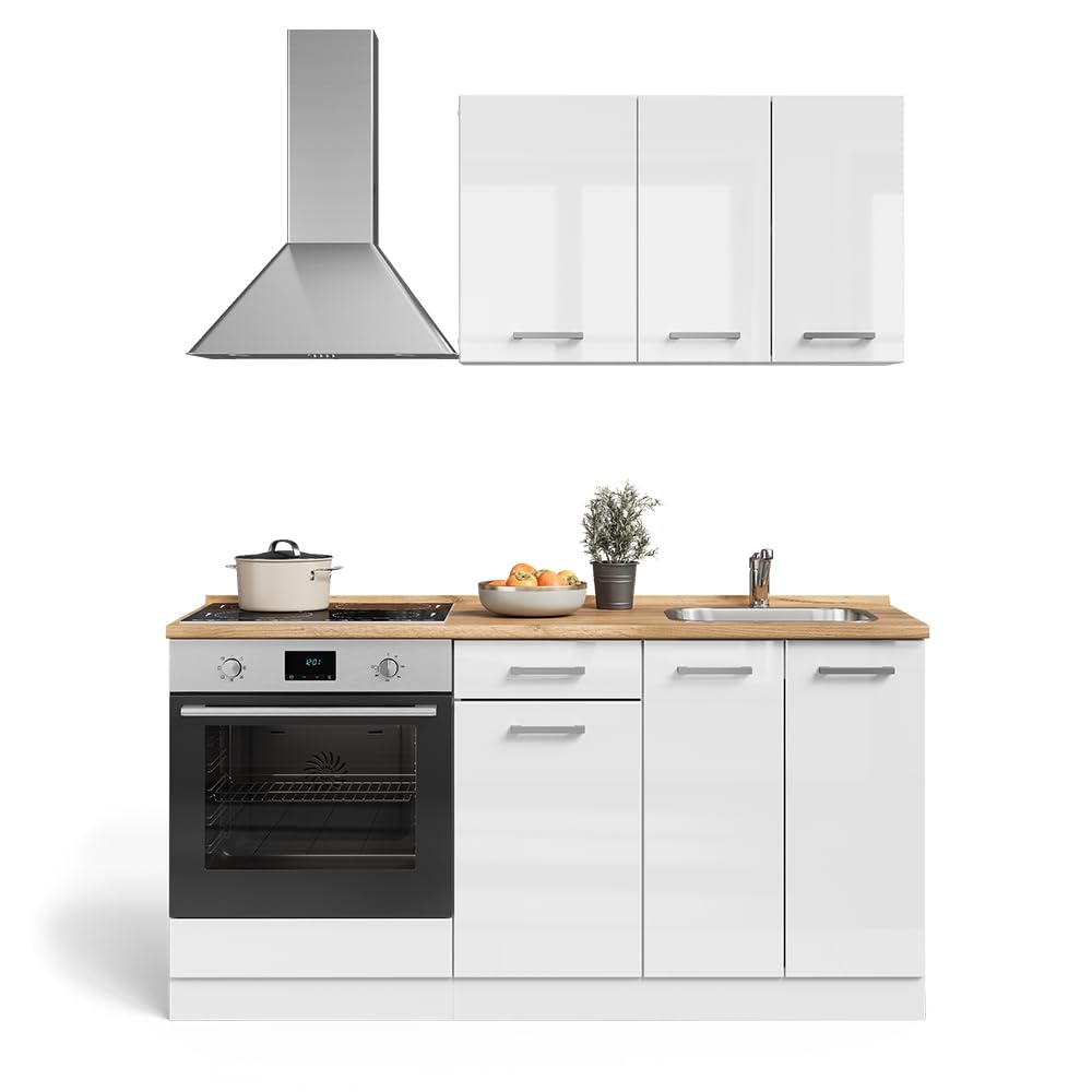 Vicco Cucina completa R-Line, Bianco lucido/bianco, 160 cm con colonna forno senza piano di lavoro, predisposto per l'integrazione di elettrodomestici e lavello