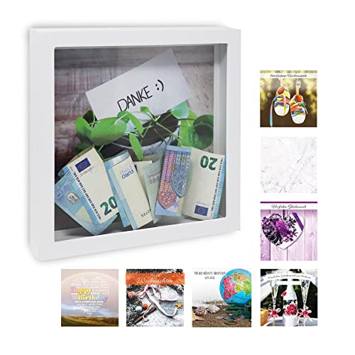 Bilderrahmen XL Spardose weiÃŸ | inkl. 8 Design-Wechselmotive | 100%...