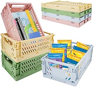 Upkey Storage Crates, 4 Pack Stackable Storage Boxes Desk Sturdy Hollow Folding Storage Basket Drawer Organizer Plastic Crate for Bedroom Office Bathroom Toiletries Cosmetics