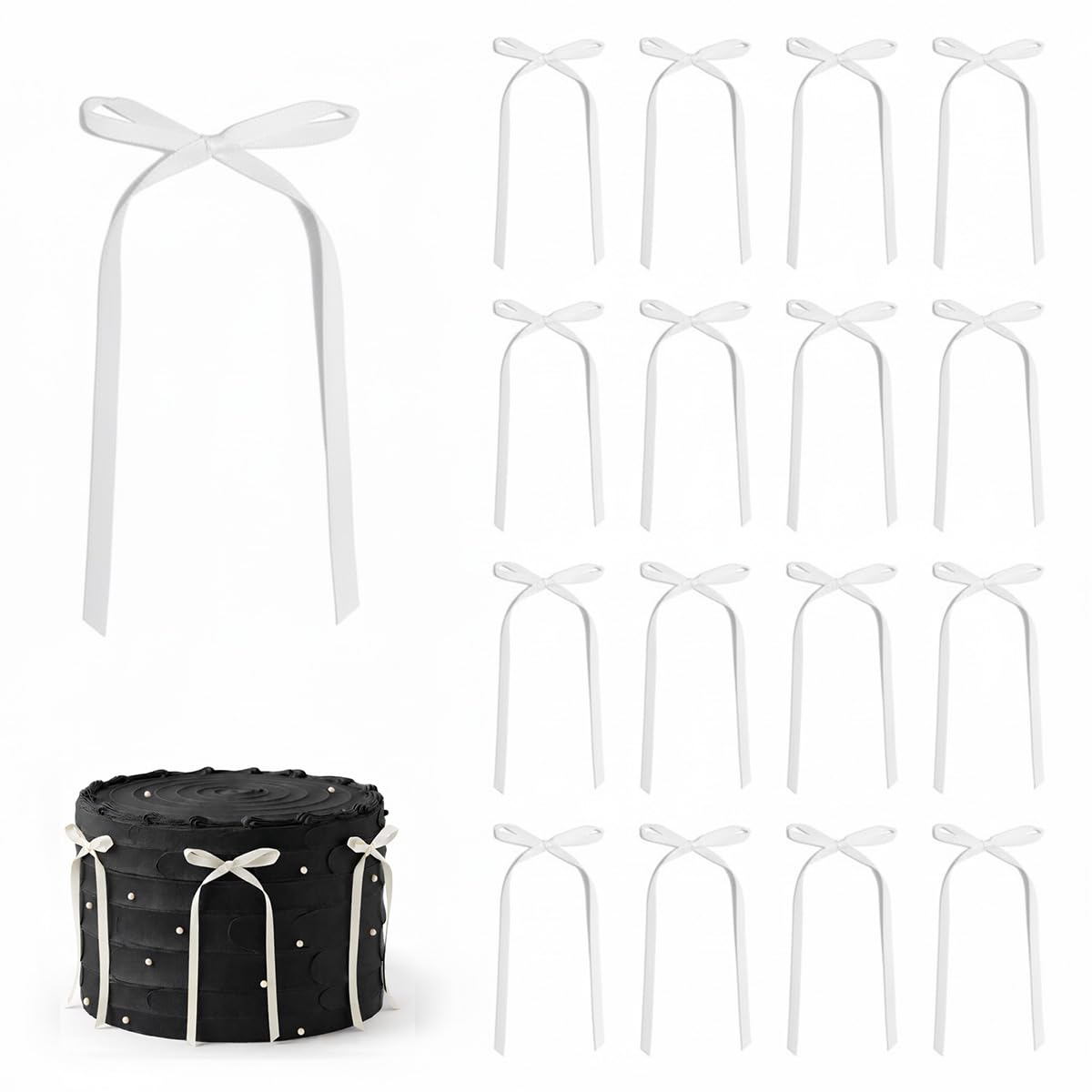30 Pack White Ribbon Bow Cake Toppers Birthday Decorations Coquette Bow Cupcake Toppers for Cake Dessert Wedding Bridal Balloon Wall Party Supplies