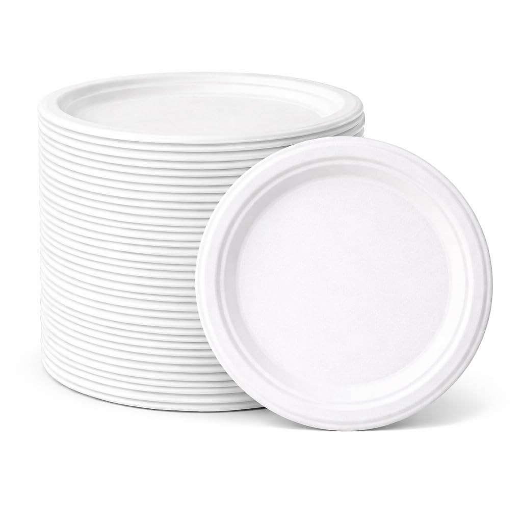 1ABOVE 50 Pack Extra Strong White Disposable Bagasse Plates, 100% Compostable and Biodegradable, Made from Sugarcane Fibre, Perfect for BBQ, Wedding, Office, Picnics and Parties (7 INCH)