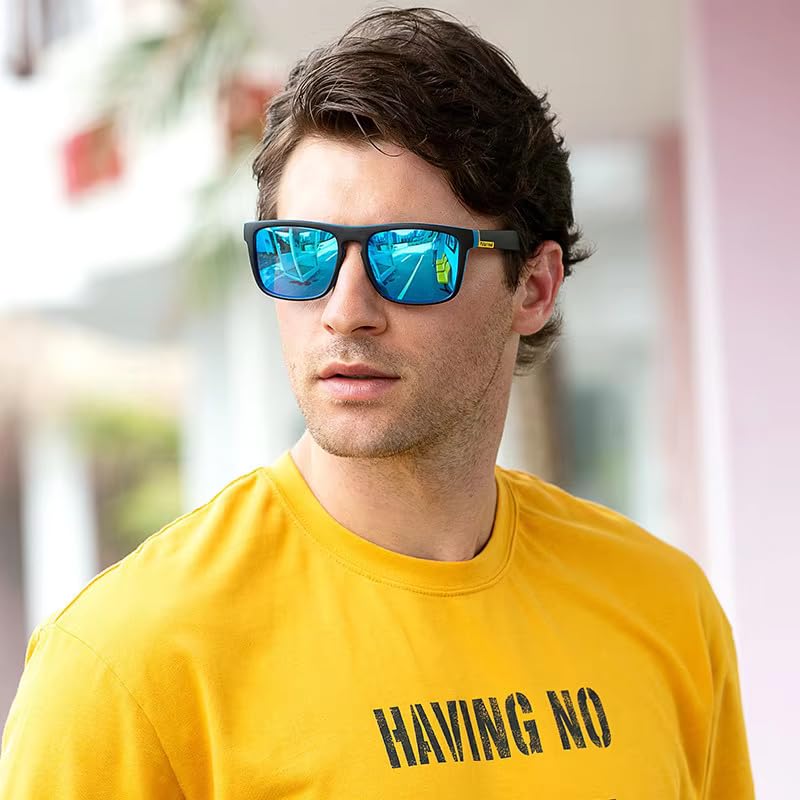 Image of POLARIZED UV400 Wayfarer Square Mirrored Sunglasses for Men Stylish | Rubber Coarted Frame | Metal Hinges | Casual & Sports UV Protected Anti Glare Branded Goggles for Man | Medium