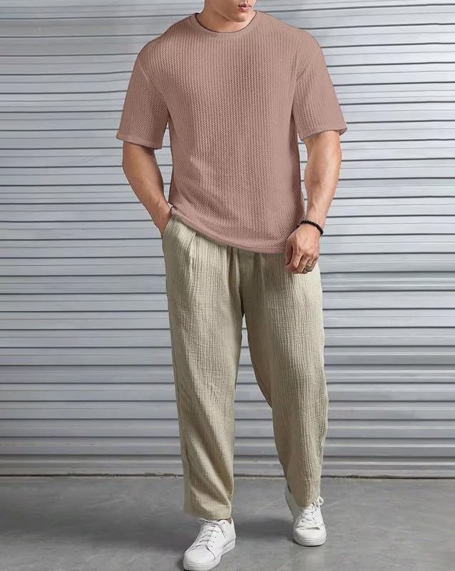 Image of Men Solid Waffle Round Neck Oversized /Dropshoulder |Baggy| Summer T Shirt for Ment Shirt