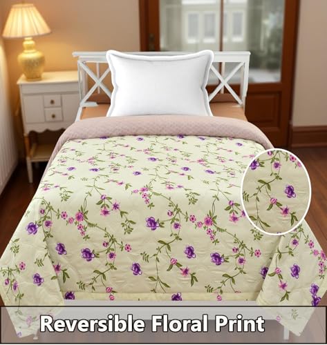 Image of IVAZA Luxury Ultrasonic Punch AC Comforter Blanket - Quilted Microfiber Floral Pattern, Lightweight Breathable All‑Season Blanket for Bedroom, Travel (Singled Bed,228x152 CM) (Soft Ivory)