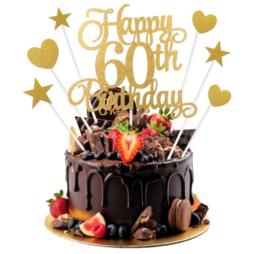 7Pcs Personalised Happy 60th Birthday Cake Topper 60th Birthday Cake Decorations with Heart Star Cupcake Picks Gold Glitter Happy 60 Years Old Birthdays Sign for Birthdays Party Supplies