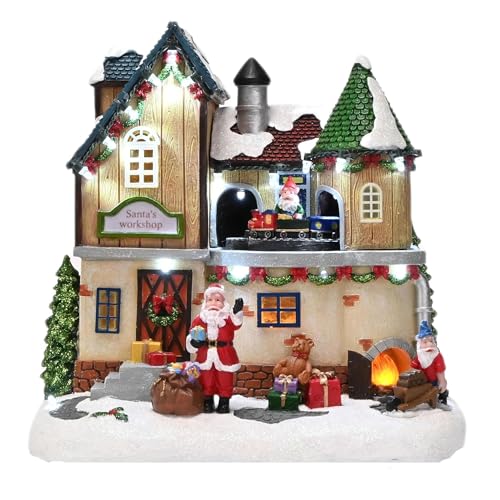Well Home Escena de Pueblo Navideño con diseño Giratorio y 12 Luces LED 20,5x14x21cm