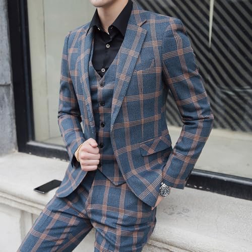 Men's Checked Suit Three Pieces One Button Christmas Casual Tuxedo Jacket Vest Pants4