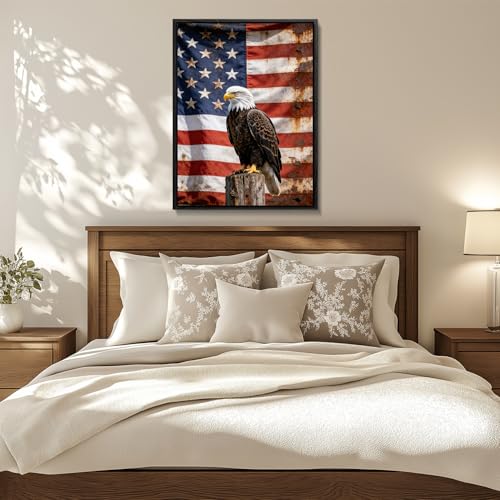 Image of American Flag Framed Canvas Wall Art, 4th of July Red White Blue Canvas Prints, USA Flag with Bald Eagle Patriotic Decorations, Vintage Independence Day Wall Decor for Bedroom Living Room 12x16