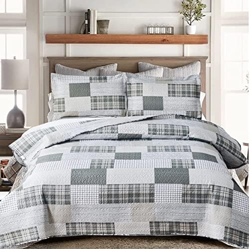 Grey White Plaid Quilt Full/Queen Size Lightweight Patchwork Quilts Geometric Bedspread Checked Bedding Soft Breathable Gingham Coverlet Bed Cover Classic Home Decor