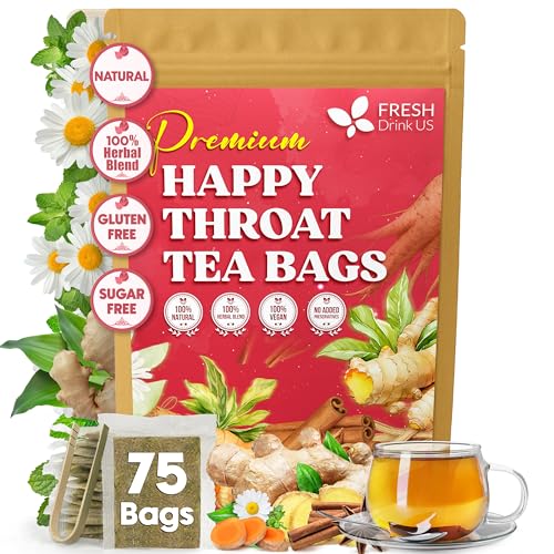 Image of Premium Happy Throat Herbal Tea - 75 Bags Of Supper Tea Blend: Marshmallow Root, Slippery Elm & Ginger - Dry & Sore Throat Relief - Caffeine-Free, No Honey, No Citrus - No Sugar