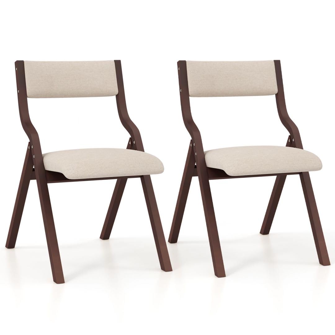 Foldable Dining Chairs Set of 2, Upholstered Linen Fabric Kitchen Chairs with Backrest & Anti-slip Foot Pads, Space-saving Reception Side Chairs for Home Living Room Lounge (Coffee+Beige)