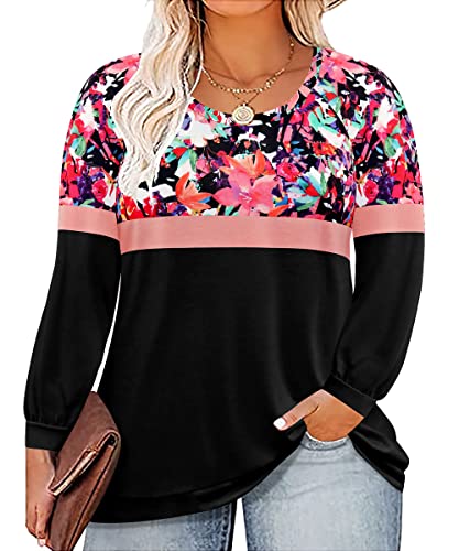 Image of TIYOMI Plus Size Tops for Women Raglan Long Sleeve V Neck T Shirts Casual Color Block Leopard /Floral Tops Winter Tee Shirt