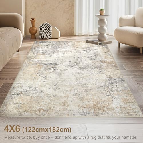 4x6 Area Rug Living Room Rugs - Washable Neutral Modern Abstract Soft Thin Rug Indoor Floor No Slip Rug Carpet for Bedroom Under Dining Table Home Office Decor - Golden Grey