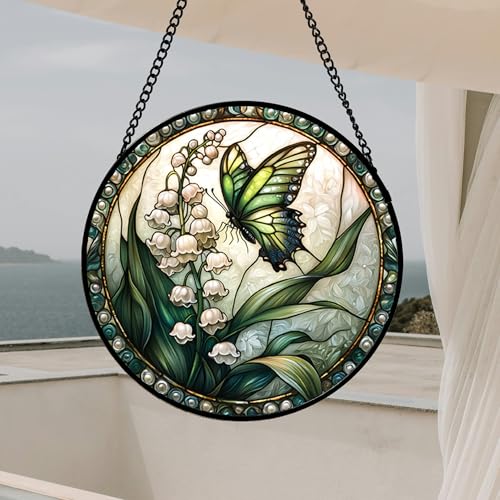 Image of DASTOLL Stained Glass Window Hanging, Lily of the Valley Flower Butterfly Suncatcher for Doors Home Sun Catchers Decoration and Christmas, Mother's Day Birthday Gifts for Women, Men, Mom 14.9x14.9 in