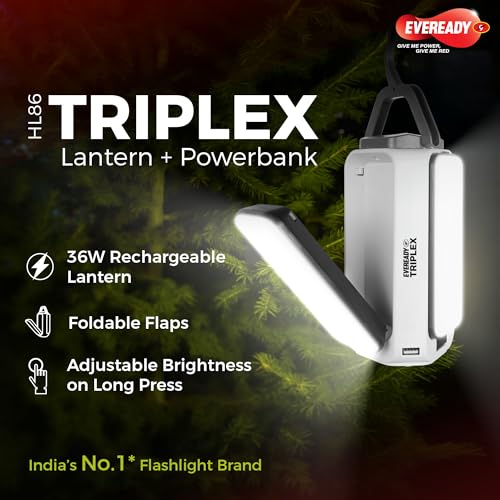 Image of Eveready Triplex HL86, 36W Rechargeable Lantern + Powerbank with 3 Lighting Modes, Foldable Flaps, Adjustable Brightness, USB Type-C Charging, Durable ABS Build, Powered by Eveready Li-ion Battery
