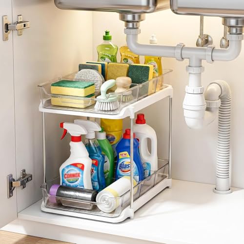 Image of Xmart India 2 Tier Under Sink Organizer, Pull Out Cabinet Storage Rack with Sliding Drawers & Hooks, Kitchen Cabinet Organizer, Bathroom Storage Shelf, Pantry & Laundry Organizer (2, Clear)