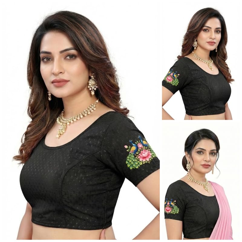 paarth enterprise PAARTH ENTREPRISE Women Cotton Blend Round Neck Short Sleeve Readymade Saree Blouse-picture-31