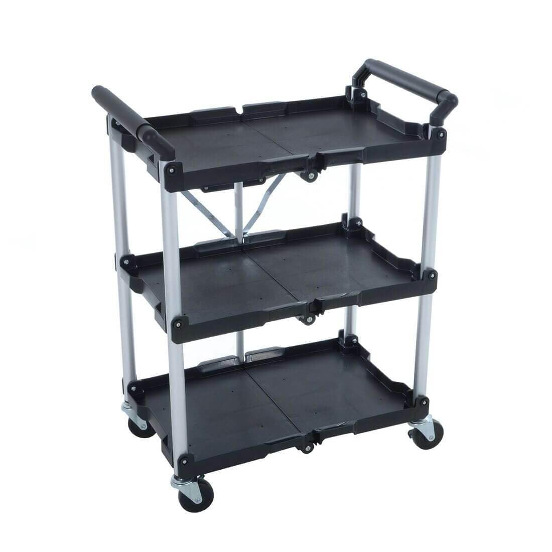 Azuma 3-Tier Folding Tool Trolley – Heavy Duty Metal Frame Service Cart with Wheels, Tool Grooves & Handles – Rolling Utility Storage Cart for Home, Office, Garage, Warehouse, Workshop Use