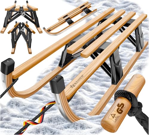 KESSER® Holzschlitten Premium Schlitten faltbar Kinder Faltschlitten bis 120Kg Kinderschlitten 110cm aus Buchenholz inkl. Zugseil Schieber Metallkufen