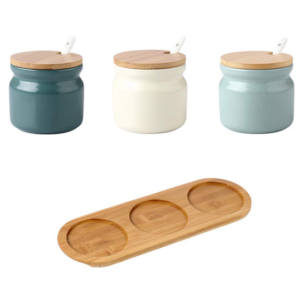 Onepine Set Of 3 Sugar Bowl, 300Ml Ceramic Spice Jar Seasoning Container Salt Jar With Bamboo Lid And Ceramic Spoon For Kitchen