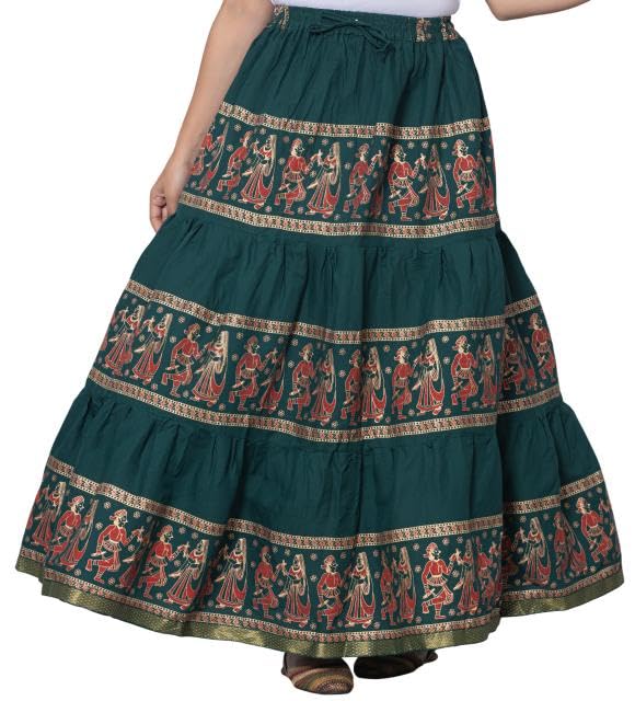 Image of Women's Cotton Printed Long Skirt | Ethnic Folk Print Tiered Maxi Skirt for Women | Elastic Waist Flared Boho Skirt | Traditional Casual for Women