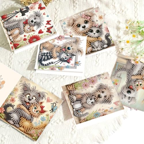 Image of 6 Pcs 5D Diamond Painting Greeting Cards Kits, Handmade Festival Greeting Cards with Envelopes DIY Diamond Art Crafts Birthday Cards Laser Effect for Birthdays Holidays Celebrations (Cat Dog Cuddling)