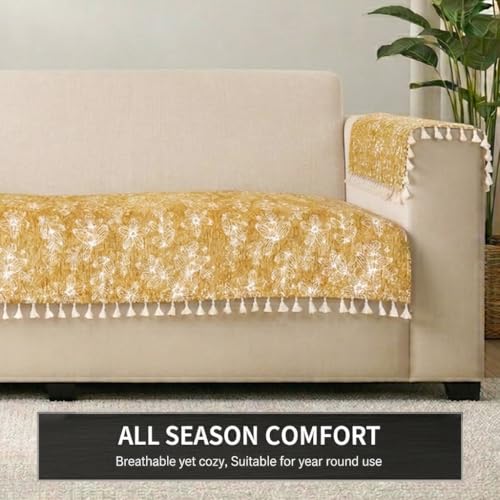 Image of STITCHNEST Woven Fabric Sofa Cover 2 Seater with 2 Hand Rest Covers - Washable Green Sofa Cover with Tassels - Durable Premium Fabric - Stylish Sofa Protector for Living Room & Furniture Decor