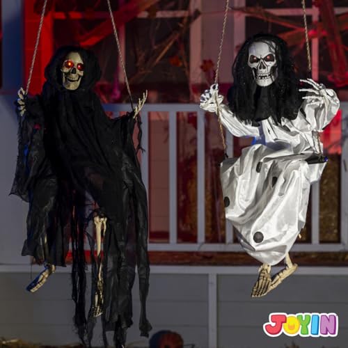 Image of JOYIN 2 Pcs Halloween Hanging Swinging Ghosts Decorations Outdoor, Halloween Scary Decor with Lighted Up Eyes, Creepy Swinging Skeleton Flying Props for Yard Patio Lawn Garden
