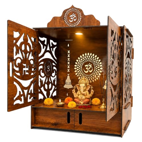 Image of SIGNAMIO Mandir for Home with Door & LED Light | Wooden MDF Pooja Temple | Temple for Home with Door | Wall Mounted Hanging Home Temple with Storage Drawer