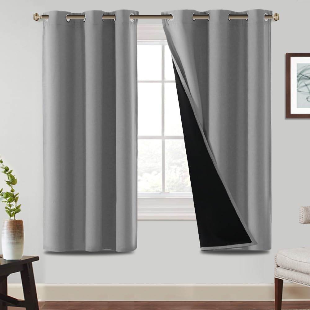 BellaHills 100% Blackout Curtains Eyelet Thermal Insulated Curtains for Living Room Heat and Full Light Blocking Window Treatments with Black Liner 2 Panels, 46 x 72 Inch, Dove Grey