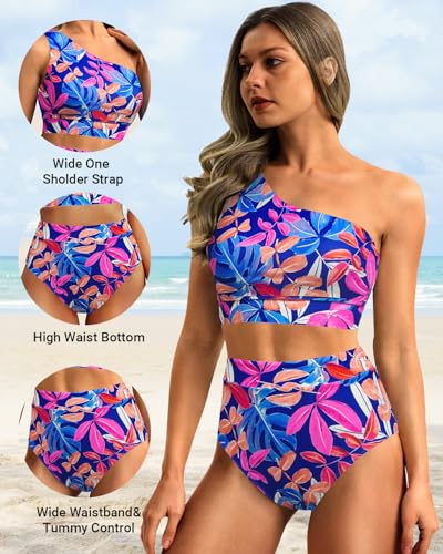 Image of Holipick Women One Shoulder High Waisted Bikini Sets Two Piece Swimsuit Tummy Control Bathing Suit Full Coverage Swimwear