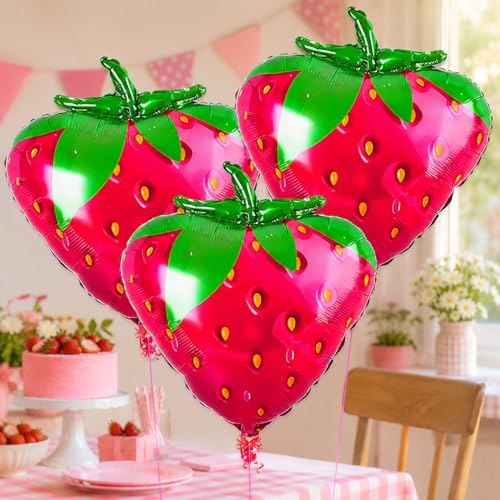 Image of Rozi Decoration Strawberry Foil Balloons Pack of 3 for Birthday Decorations, Fruit Theme Party Supplies, Strawberry Shape Foil Balloons for Kids Party, Baby Shower, Anniversary & Celebration Decor