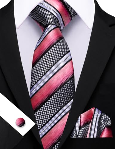 Image of Barry.Wang Tie Sets for Men Silk Stripe Necktie Woven Checkered Handkerchief Cufflinks Formal Business Wedding