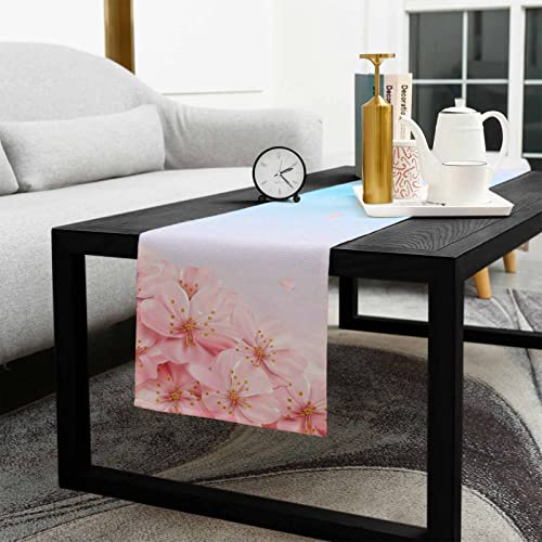 Spring Cherry Blossoms Table Runner 36 Inches, Falling Flowers Pink Blue Ombre Bed Runner Dresser Scarves Tabletop For Indoor Outdoor Parties/Ceremony/Banquet, 13"X 36" #TOP4