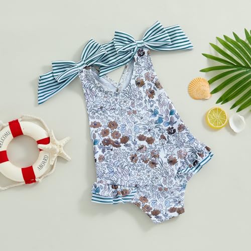 Image of Toddler Kids Girl One Piece Swimsuit Floral Sleeveless Backless Swimwear Bowknot Ruffled Bathing Suit Beachwear