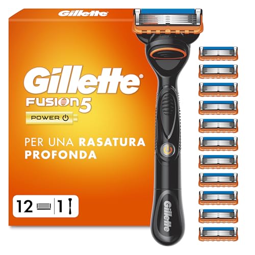 Gillette Fusion 5, 1 Rasoio Barba Manuale e 12 Lamette da Barba di Ricambio per Rasoio Manuale Fusion5, da 5 Lame, Rasatura Scorrevole con Striscia Lubrificante, Fino a 1 Mese di Rasatura per Lametta