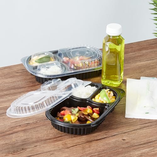 Image of Restaurantware-RW Base 19 Ounce Meal Prep Containers, 100 Microwavable To Go Containers With Lids - 3 Compartments, Disposable, Black Plastic Oval Food Containers, For Hot And Cold Food, Freezable