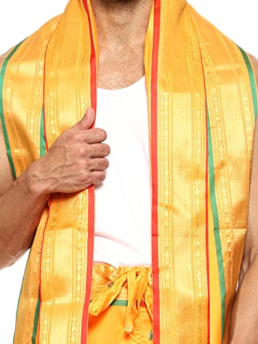 Image of Rameshwaram Fabrics Readymade Dhoti for Men, Velcro Style Stitched Mens Silk Dhoti Pant with Stole Set