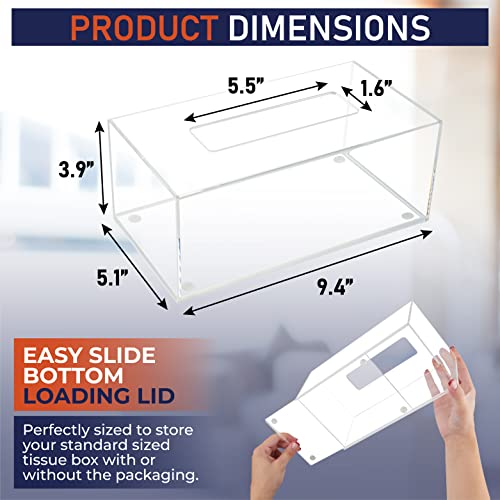 Acrylic Tissue Box Holder, Clear Tissue Box Dispenser for Facial Tissue, Napkins, Dryer Sheets. Perfect Cover for Bathroom, Desks, Countertops, Vanity, Bedroom, Night Stands (Rectangle, Clear)