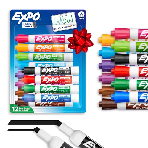EXPO Dry Erase Markers, Low Odor Ink, Assorted Colors, Chisel Tip, 12 Count - Whiteboard, Calendar, Organization, Essential Supplies for Office, School, Classroom, Teachers