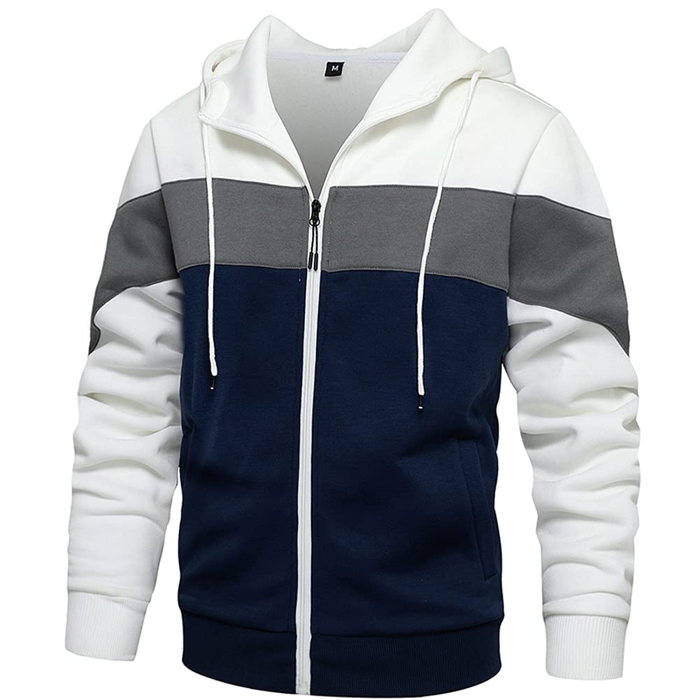 DUOFIER Men's Hoodies Zip Front Sweatshirt Color Blocking Hooded L White